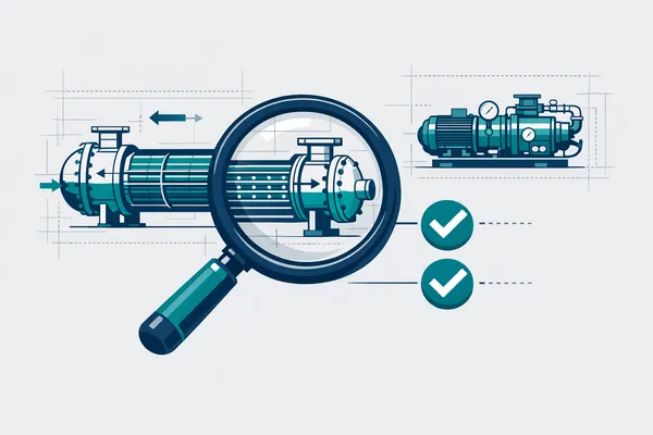 Analyse technique d'équipements industriels avec loupe et checklist