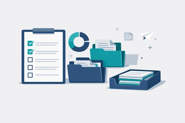 Checklist de collecte documentaire avec dossier et pile de documents